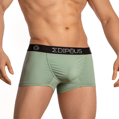 A person models Edipous Mens Boxer Trunks in light green against a white background. The black waistband, featuring white text and a circular emblem, exudes modern swagger while emphasizing the design and fit of these boxer trunks from Edipous.