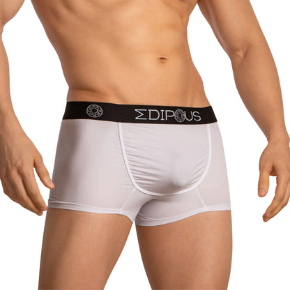 A person is wearing Edipous Mens Boxer Trunks featuring a modern look with white fabric and a black waistband branded with Edipous, their torso and legs visible, hands at their sides, highlighting a classic style.