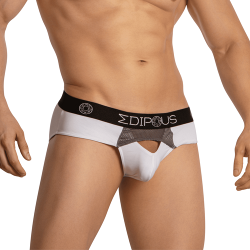 A male model flaunts Edipous Briefs for Men Open Front, featuring a seductive design in white and black with a unique front cutout. The EDIPOUS waistband and side logos enhance this minimal coverage piece that highlights the torso and upper thighs.