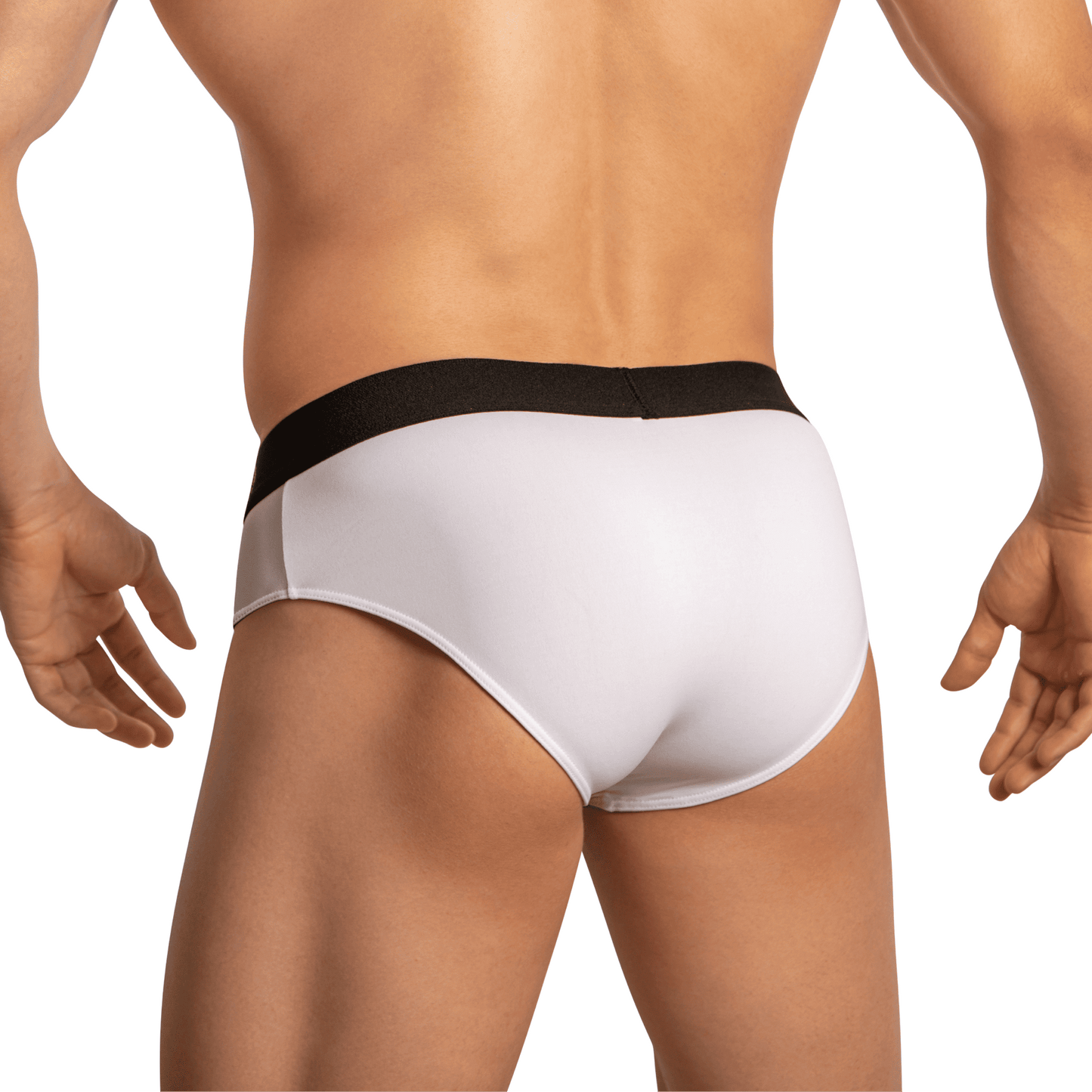 The image displays a person from the back wearing Edipous Briefs for Men Open Front, featuring minimal coverage white design with a black waistband, highlighting the seductive appeal of both the midsection and legs.