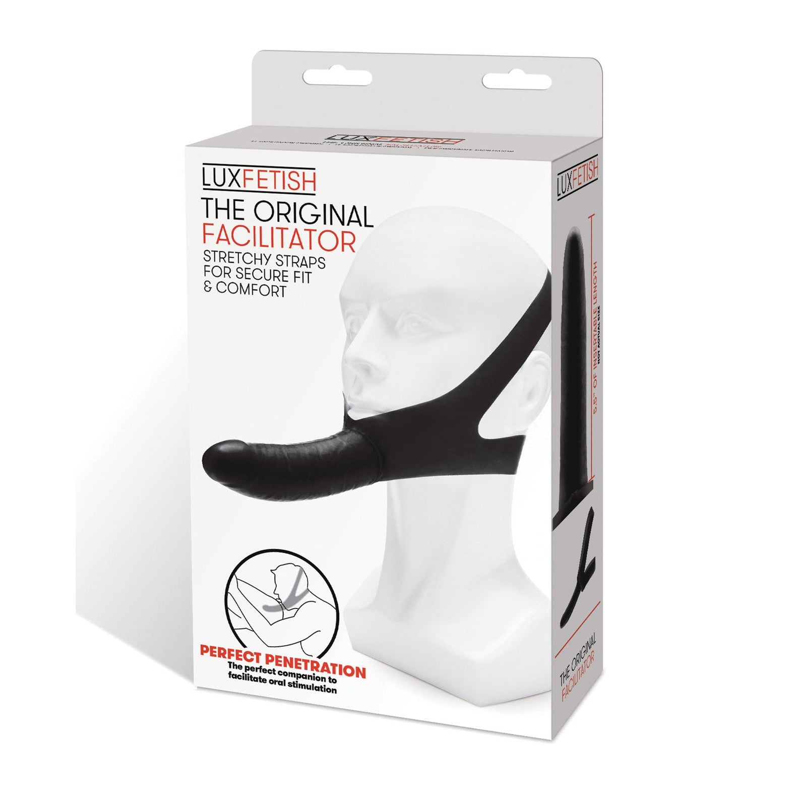 The box contains Lux Fetish The Original Facilitator by LUX, featuring a mannequin head with the black item and stretchy straps for a secure fit. This travel-friendly, chin-mounted dildo offers a hands-free design ideal for versatile oral use.