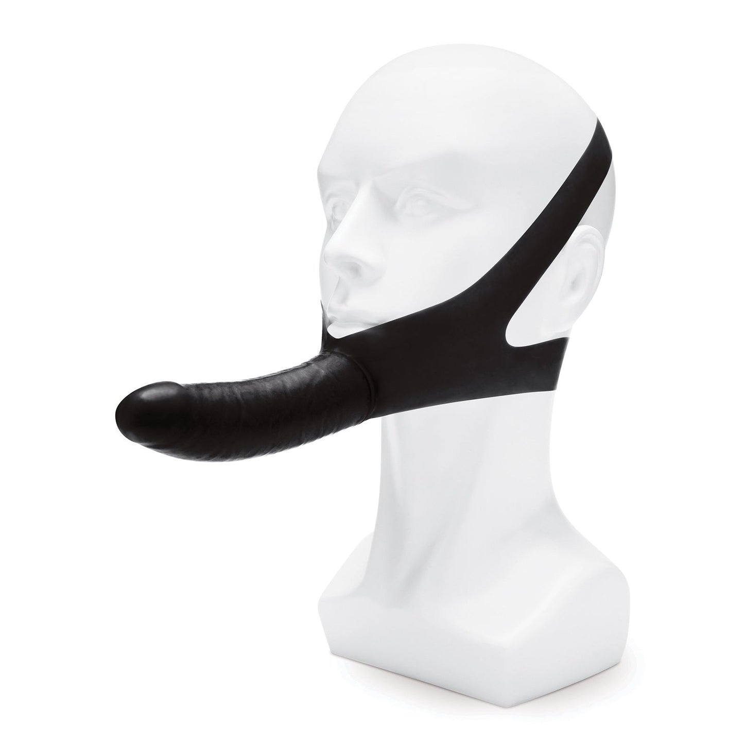 The Lux Fetish Original Facilitator by LUX is a chin dildo black leather mask showcased on a mannequin head. It features a hands-free design with a cylindrical protruding dildo and securely straps around the head, covering the lower face for travel convenience.