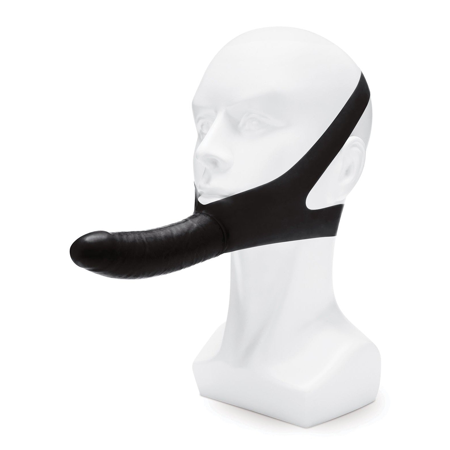 The Lux Fetish Original Facilitator by LUX is a chin dildo black leather mask showcased on a mannequin head. It features a hands-free design with a cylindrical protruding dildo and securely straps around the head, covering the lower face for travel convenience.
