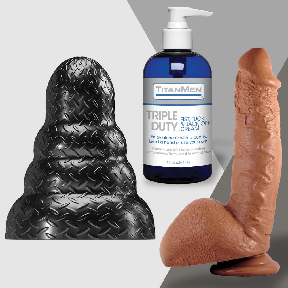 A composite image features a black textured cone, a blue TitanMen Triple Duty cream bottle, and a realistic brown phallic object from Adams Toy Boxs Size Queens Unite, set against a gentle gray-to-white gradient background.