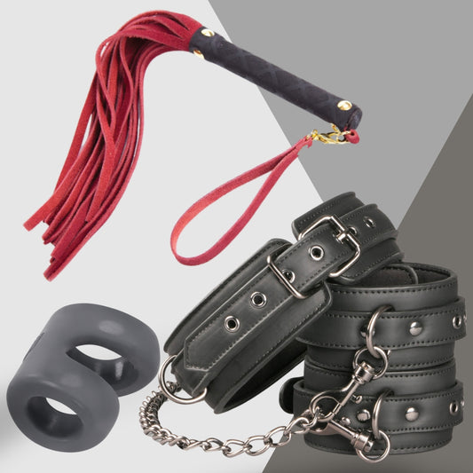 The Leather & Lust Babyyy collection by Adams Toy Box includes a red leather flogger with a black handle, black leather restraints with chains, and a black silicone double ring, all set against a split gray and white background for that bad boy allure.