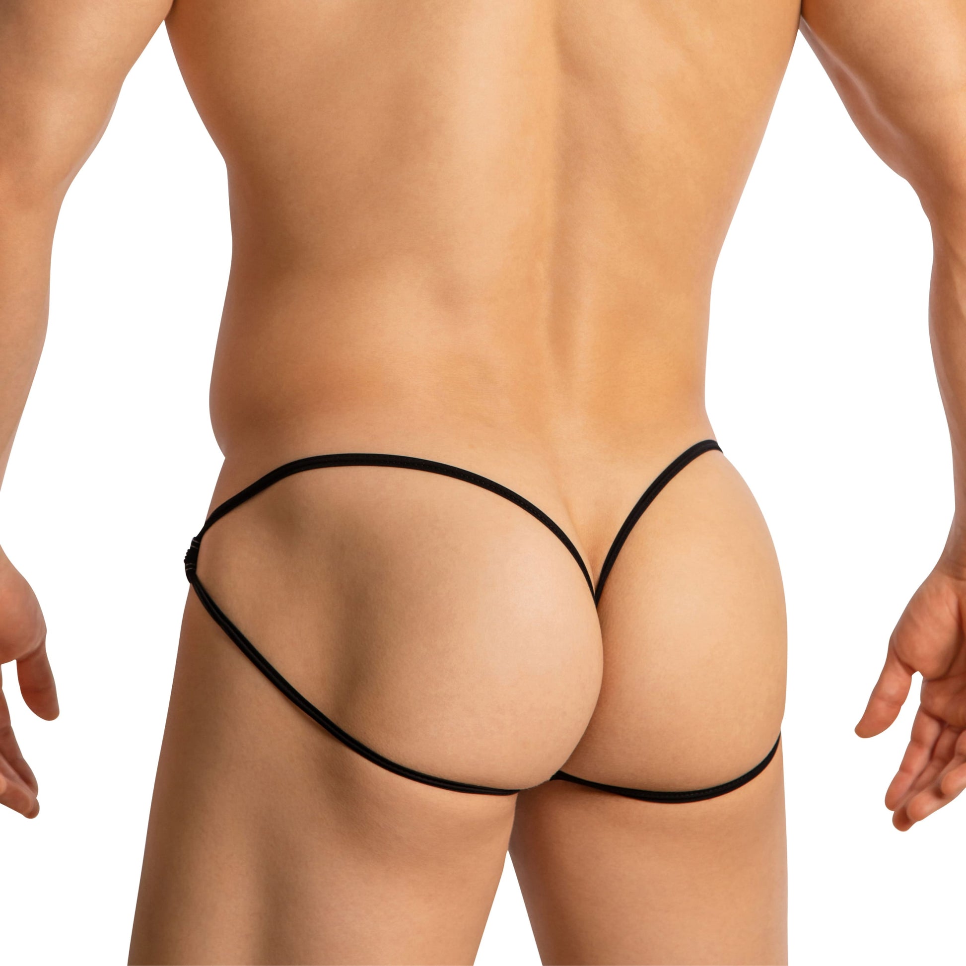 A person is wearing a minimalistic black Good Devil Sexy Jockstrap Underwear, crafted from premium fabric. The focus is on the back view, highlighting the seductive design against the skin, set against a neutral background.