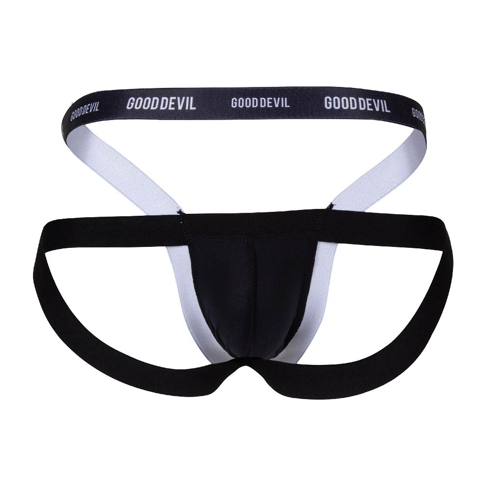 The Good Devil Sexy Men Jockstrap from Good Devil boasts a sleek black front pouch and minimal coverage straps in a premium fabric blend, with a white waistband featuring the brands name in bold black text.
