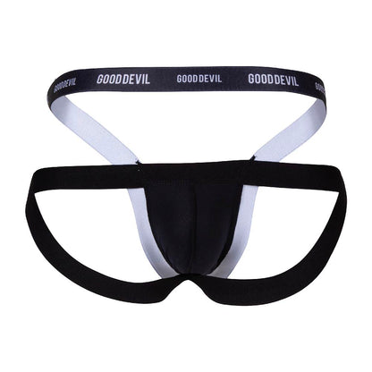 The Good Devil Sexy Men Jockstrap from Good Devil boasts a sleek black front pouch and minimal coverage straps in a premium fabric blend, with a white waistband featuring the brands name in bold black text.