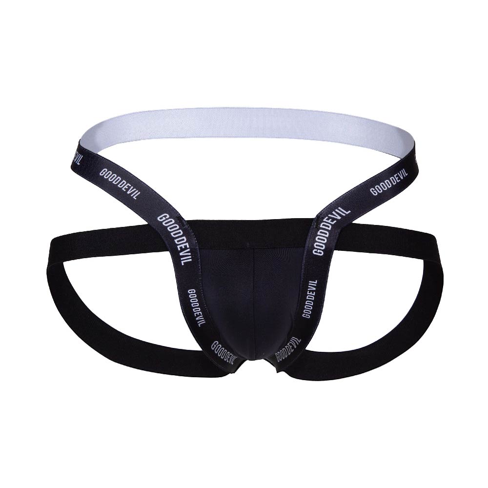 The Good Devil Sexy Men Jockstrap, by Good Devil, boasts GOODDEVIL on the waistband. Made from a premium fabric blend for ultimate comfort, it features a daring black and white design with supportive straps and minimal fabric coverage.