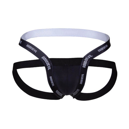 The Good Devil Sexy Men Jockstrap, by Good Devil, boasts GOODDEVIL on the waistband. Made from a premium fabric blend for ultimate comfort, it features a daring black and white design with supportive straps and minimal fabric coverage.