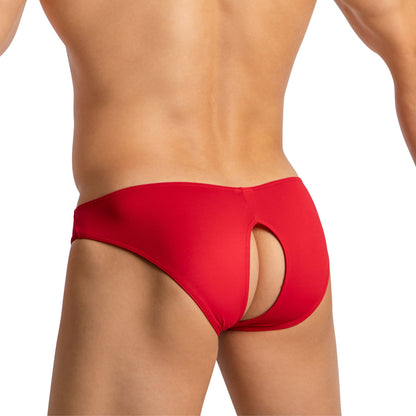 Someone is seen from behind wearing the enticing Good Devil Mens Crotchless Bikini, featuring red briefs with a back circular cut-out, against a plain white background.