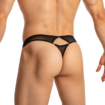 A rear view shows someone in Good Devil Sexy Sheer Thongs, featuring a contour pouch and small metal ring accents, against a plain white background.