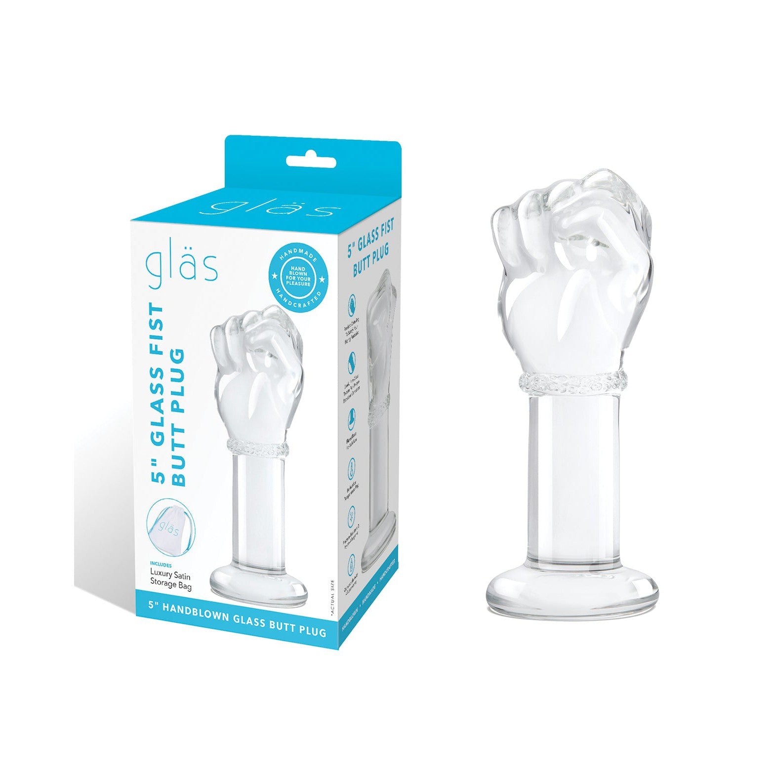 The Gläs 5 Fist Butt Plug, crafted from body-safe glass, is showcased near its sleek blue and white packaging. The box features detailed product info, while the plug stands upright on a flat base, inviting intriguing possibilities for temperature play.
