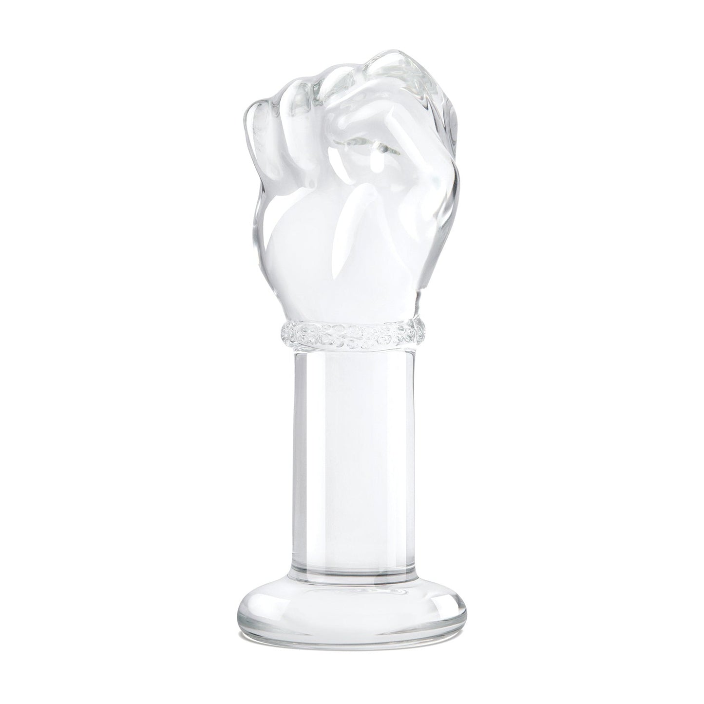 The Gläs 5” Fist Butt Plug is a detailed, transparent clear glass sculpture shaped like a raised fist on a cylindrical base. This unique art form suits those interested in temperature play and striking designs.