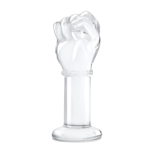 The Gläs 5” Fist Butt Plug is a detailed, transparent clear glass sculpture shaped like a raised fist on a cylindrical base. This unique art form suits those interested in temperature play and striking designs.