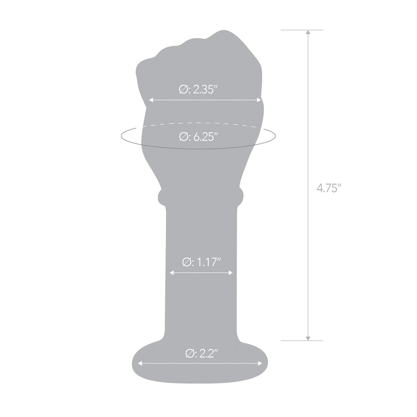 The Gläs 5 Fist Butt Plug, crafted from body-safe glass, features precise dimensions: top diameter 2.35, middle 6.25, bottom 1.17, base 2.2, and a height of 4.75. Ideal for temperature play enthusiasts, it is elegantly detailed with lines and arrows indicating each measurement.