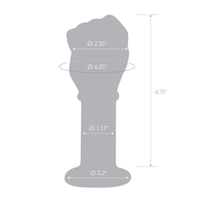 The Gläs 5 Fist Butt Plug, crafted from body-safe glass, features precise dimensions: top diameter 2.35, middle 6.25, bottom 1.17, base 2.2, and a height of 4.75. Ideal for temperature play enthusiasts, it is elegantly detailed with lines and arrows indicating each measurement.