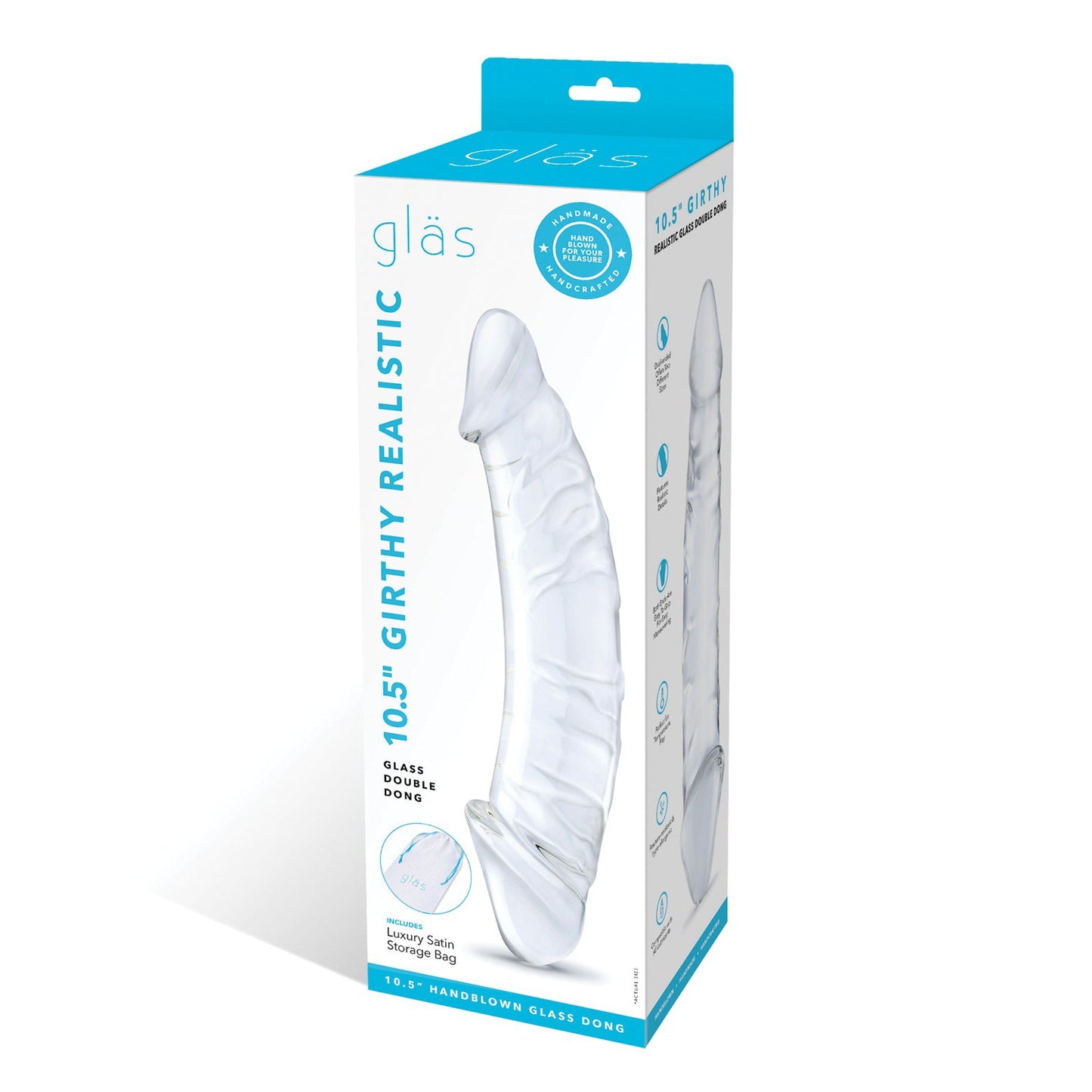 The packaging for the Glas 10.5 Realistic Girthy Glass Double Dong showcases its elongated, veined design on a blue and white box. It highlights product images, a storage bag, and safety icons, emphasizing this versatile double-ended toys unique attributes.