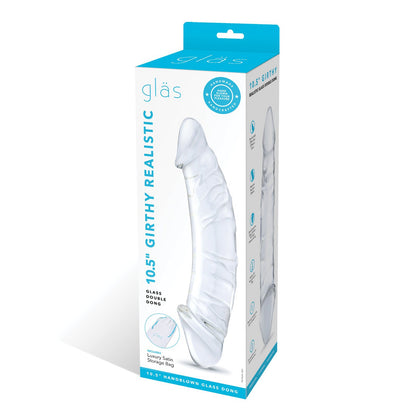 The packaging for the Glas 10.5 Realistic Girthy Glass Double Dong showcases its elongated, veined design on a blue and white box. It highlights product images, a storage bag, and safety icons, emphasizing this versatile double-ended toys unique attributes.
