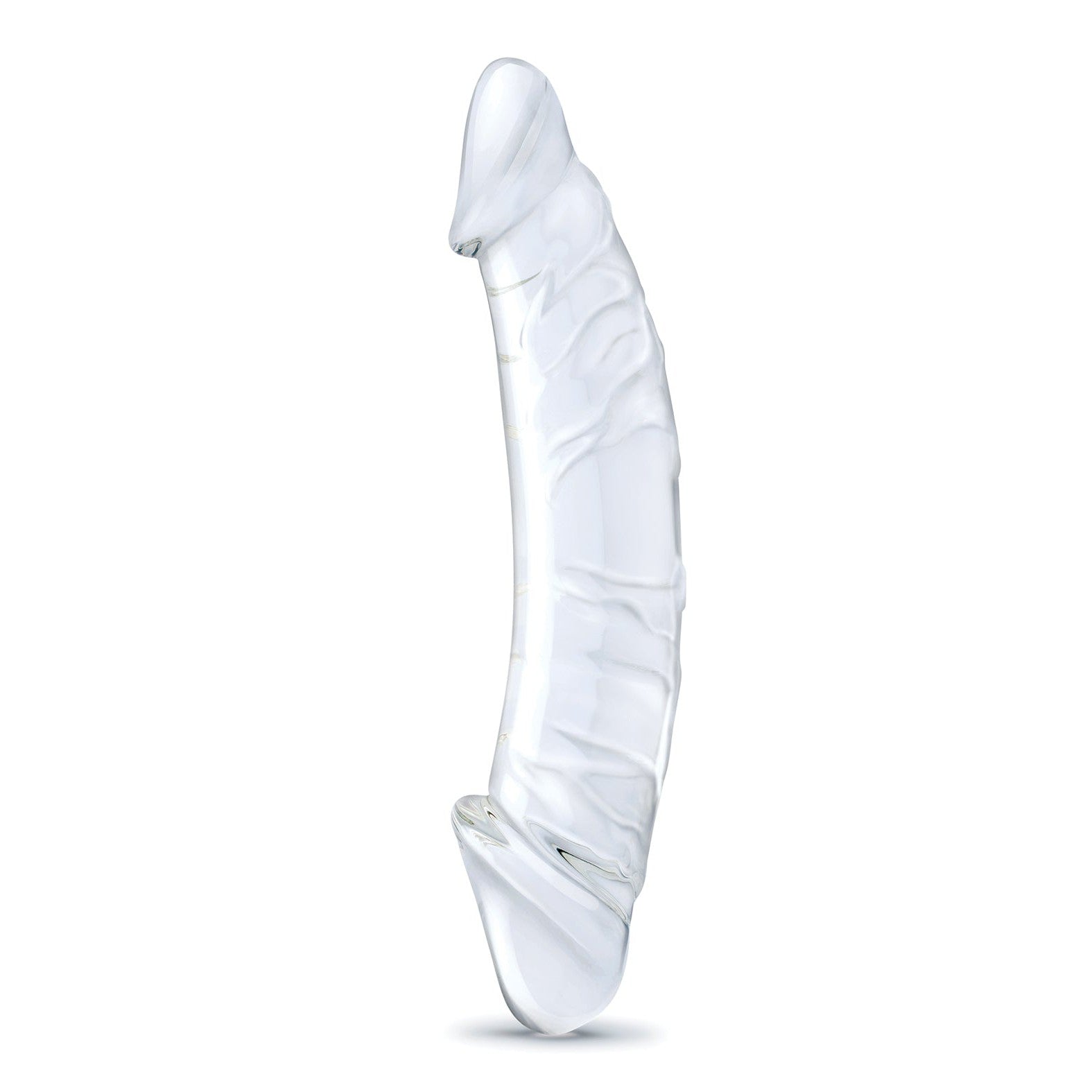 The Glas 10.5 Realistic Girthy Glass Double Dong by Glas is a transparent, veined glass object with a curved shape, resembling an elegant toy, showcased on a plain white background.