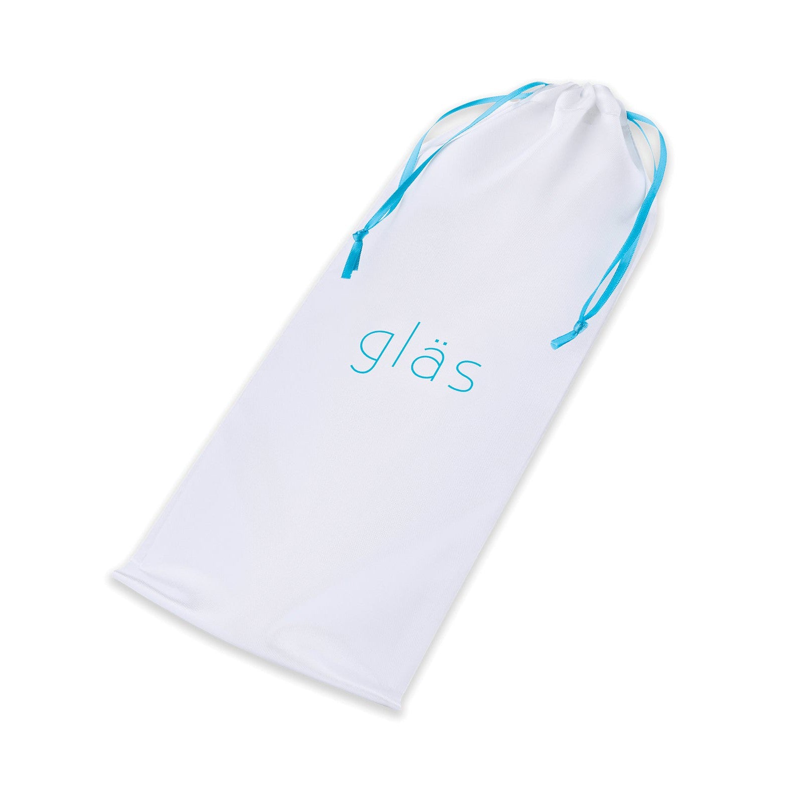 A white fabric drawstring bag with an elongated shape has Glas printed in blue on the front. It includes blue drawstrings at the top, making it ideal for carrying the Glas 10.5 Realistic Girthy Glass Double Dong.