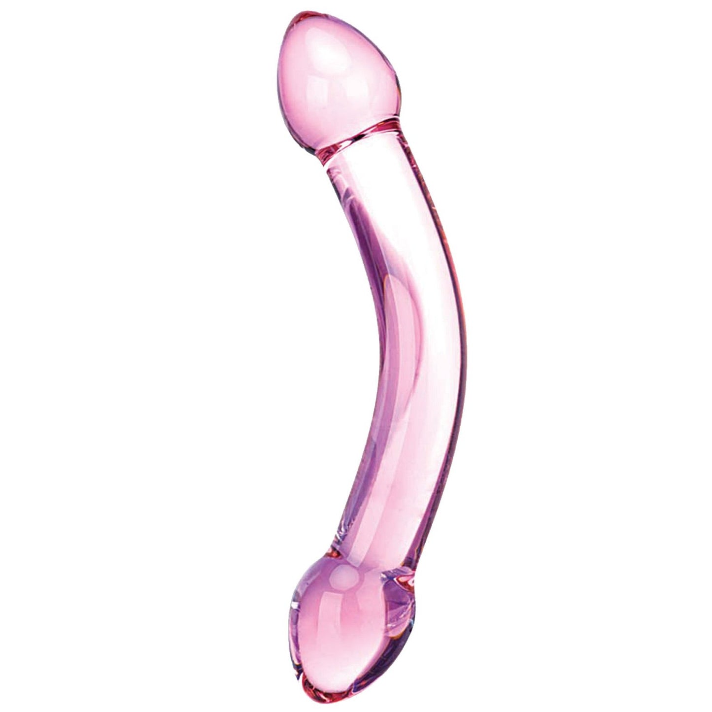 The Glas Double Trouble Glass Dildo by Glas is a sleek, curved dildo made from translucent pink glass. It features rounded ends and offers both smooth and dual textures, resembling a stylized shape.