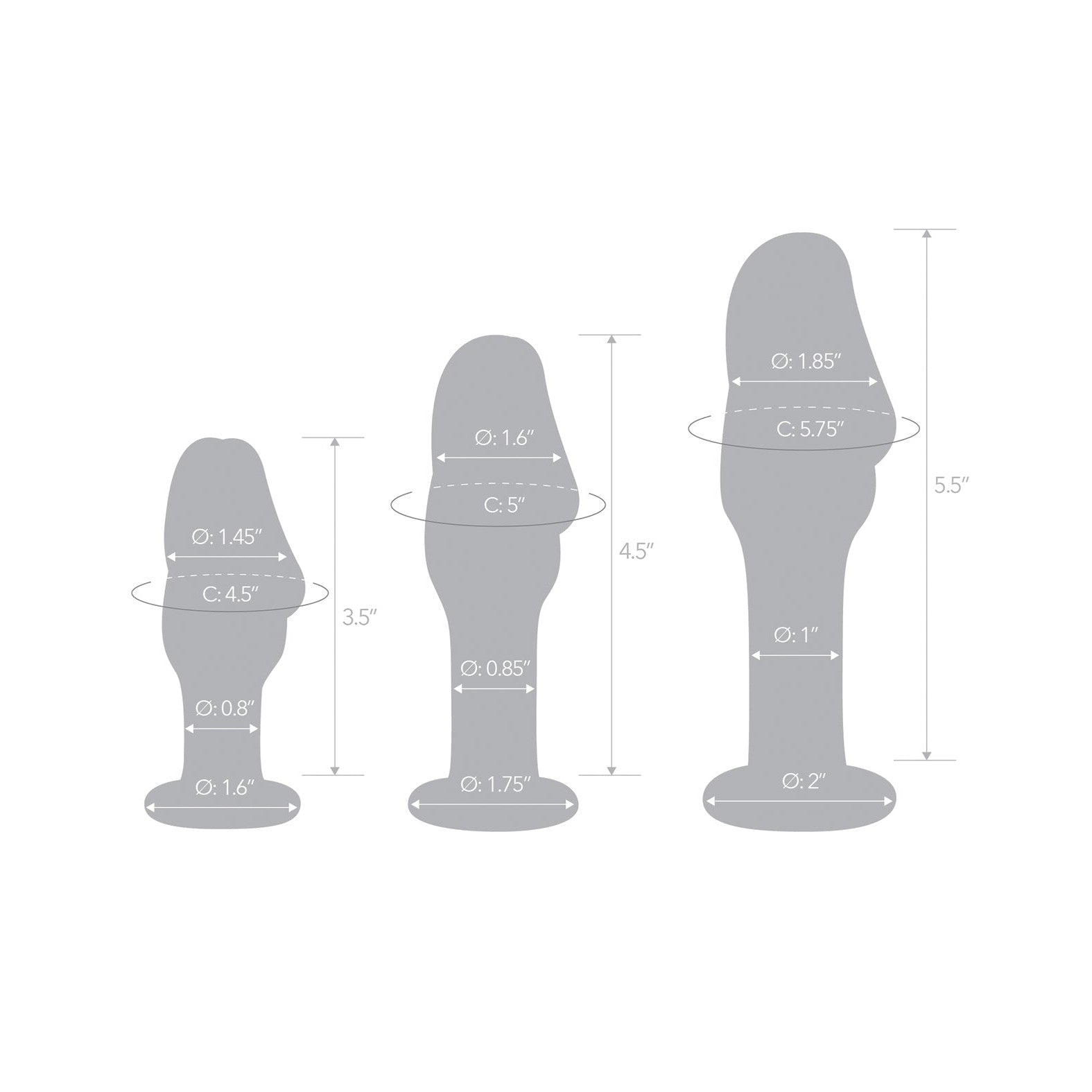 The Glas Helmet Head Anal Training Kit by Gläs features three gray silhouette plugs, helmet-shaped, with heights of 3.5, 4.5, and 5.5. Circumferences range from 0.8 to 2 at various points, perfect for temperature play experimentation.