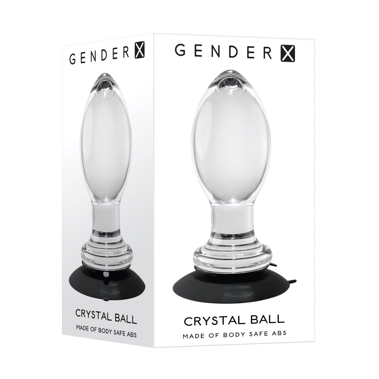 The Gender X Crystal Ball Plug With Suction Cup packaging showcases a sleek, transparent, egg-shaped object. Its minimalist design features a white background with black text and includes a silicone suction cup, emphasizing its body-safe ABS material for ultimate safety.