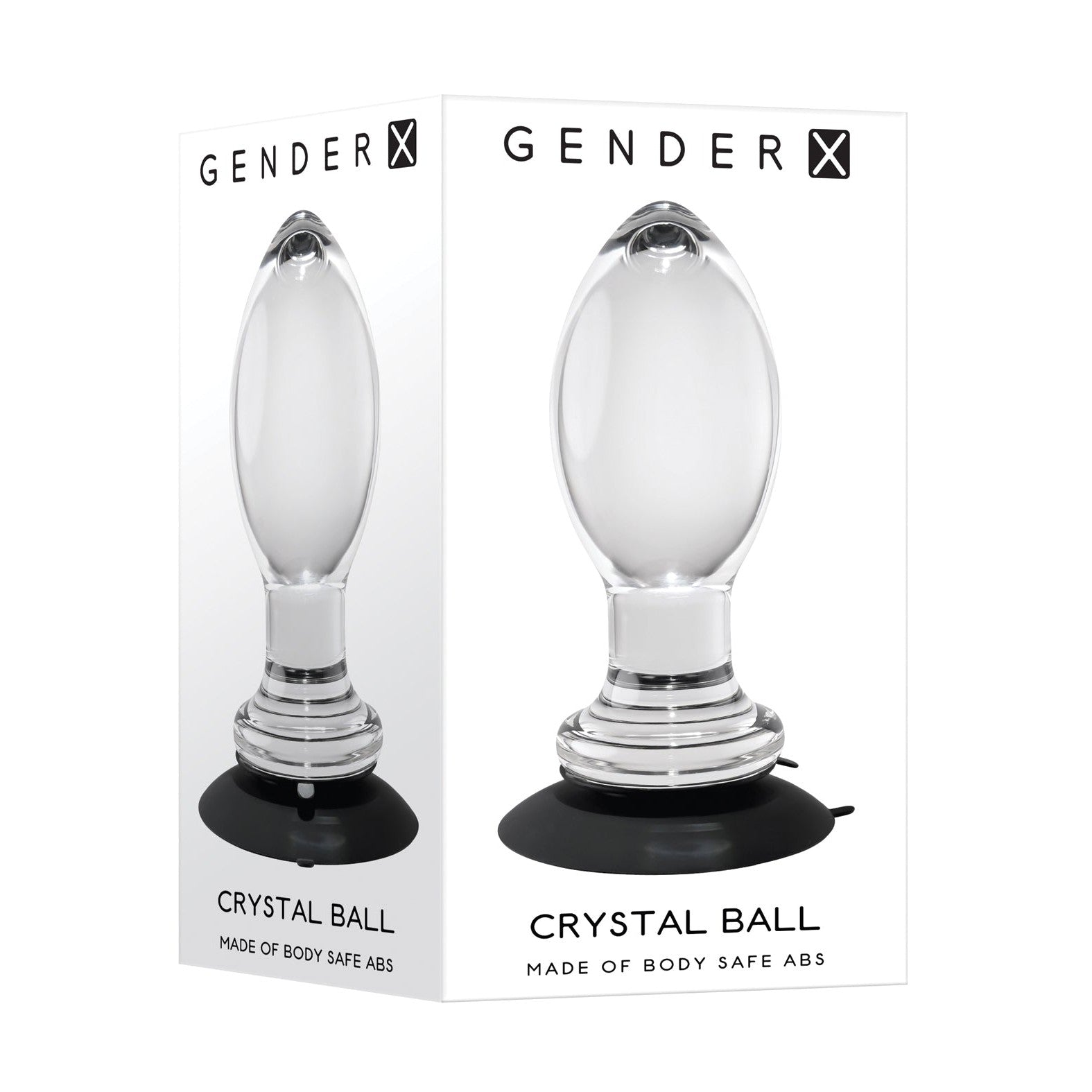 The Gender X Crystal Ball Plug With Suction Cup packaging showcases a sleek, transparent, egg-shaped object. Its minimalist design features a white background with black text and includes a silicone suction cup, emphasizing its body-safe ABS material for ultimate safety.