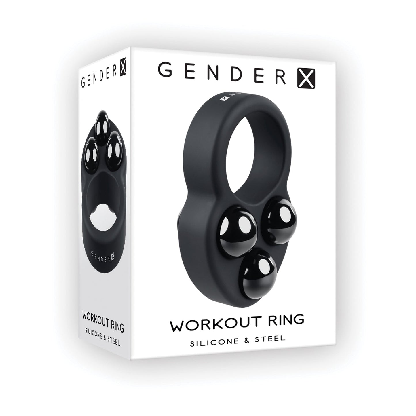 The image features the Gender X Workout Ring box showcasing a sleek black silicone ring with three rounded knobs. The bottom highlights WORKOUT RING and SILICONE & STEEL.