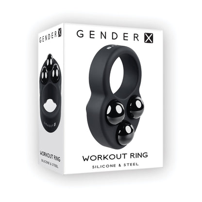 The image features the Gender X Workout Ring box showcasing a sleek black silicone ring with three rounded knobs. The bottom highlights WORKOUT RING and SILICONE & STEEL.