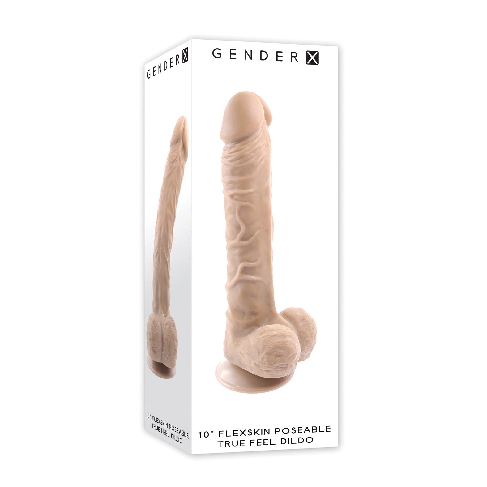 A box with the Gender X Flexskin Poseable True Feel 10 Dildo, featuring a realistic design. The packaging displays the product image and includes Gender X branding, highlighting its body-safe materials for a lifelike experience.