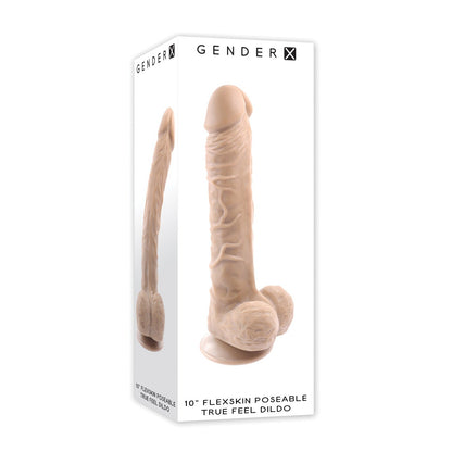 A box with the Gender X Flexskin Poseable True Feel 10 Dildo, featuring a realistic design. The packaging displays the product image and includes Gender X branding, highlighting its body-safe materials for a lifelike experience.