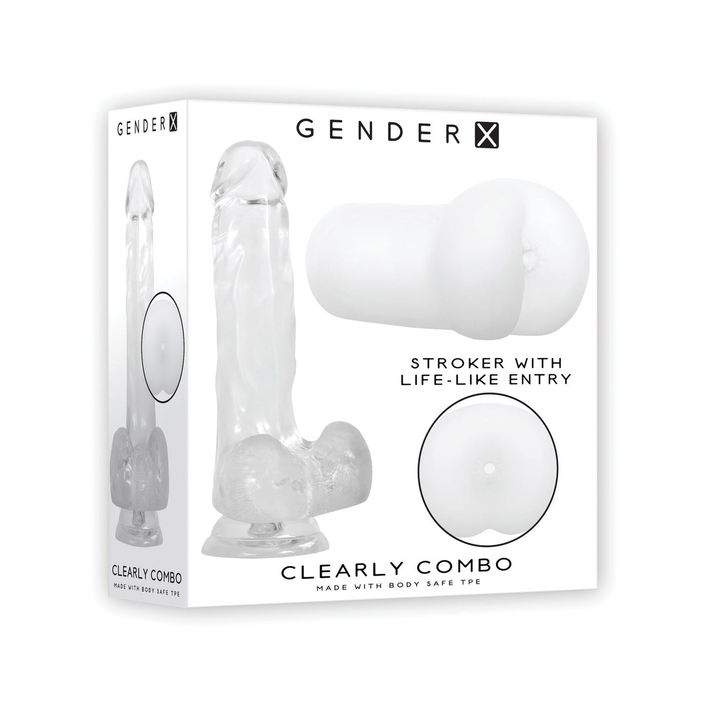 A product box for the Gender X Clearly Combo features a transparent stroker with a life-like entry, ergonomic handle, and product image. It is labeled with the brand name and made from body-safe TPE for a safe experience.