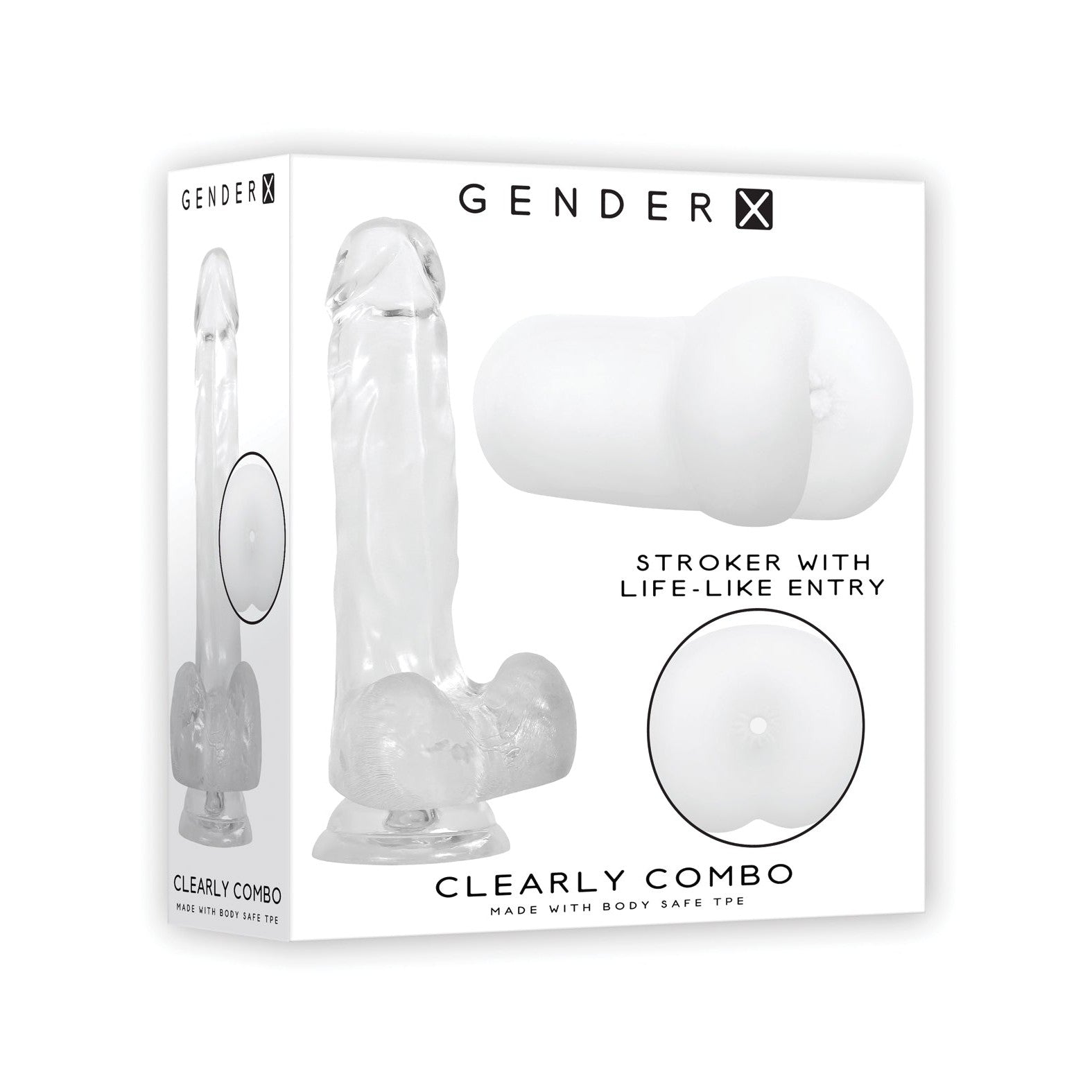 A product box for the Gender X Clearly Combo features a transparent stroker with a life-like entry, ergonomic handle, and product image. It is labeled with the brand name and made from body-safe TPE for a safe experience.