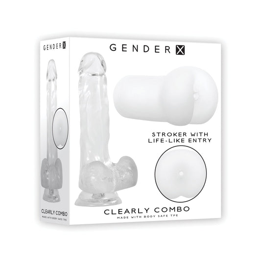 A product box for the Gender X Clearly Combo features a transparent stroker with a life-like entry, ergonomic handle, and product image. It is labeled with the brand name and made from body-safe TPE for a safe experience.