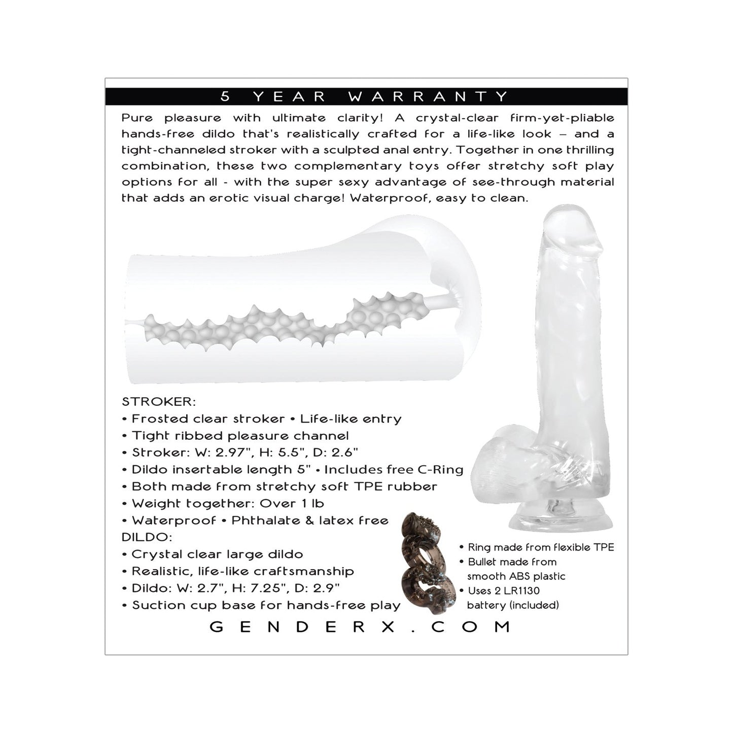 A captivating ad features the Gender X Clearly Combo, a transparent stroker and dildō set with product images and details like fully submersible waterproof capabilities for easy cleaning. It has an ergonomic handle and comes with a five-year warranty and detailed specs.
