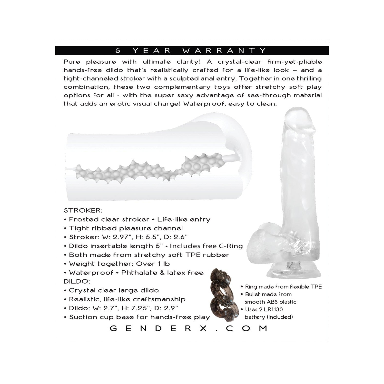 A captivating ad features the Gender X Clearly Combo, a transparent stroker and dildō set with product images and details like fully submersible waterproof capabilities for easy cleaning. It has an ergonomic handle and comes with a five-year warranty and detailed specs.