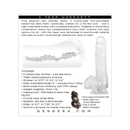 A captivating ad features the Gender X Clearly Combo, a transparent stroker and dildō set with product images and details like fully submersible waterproof capabilities for easy cleaning. It has an ergonomic handle and comes with a five-year warranty and detailed specs.