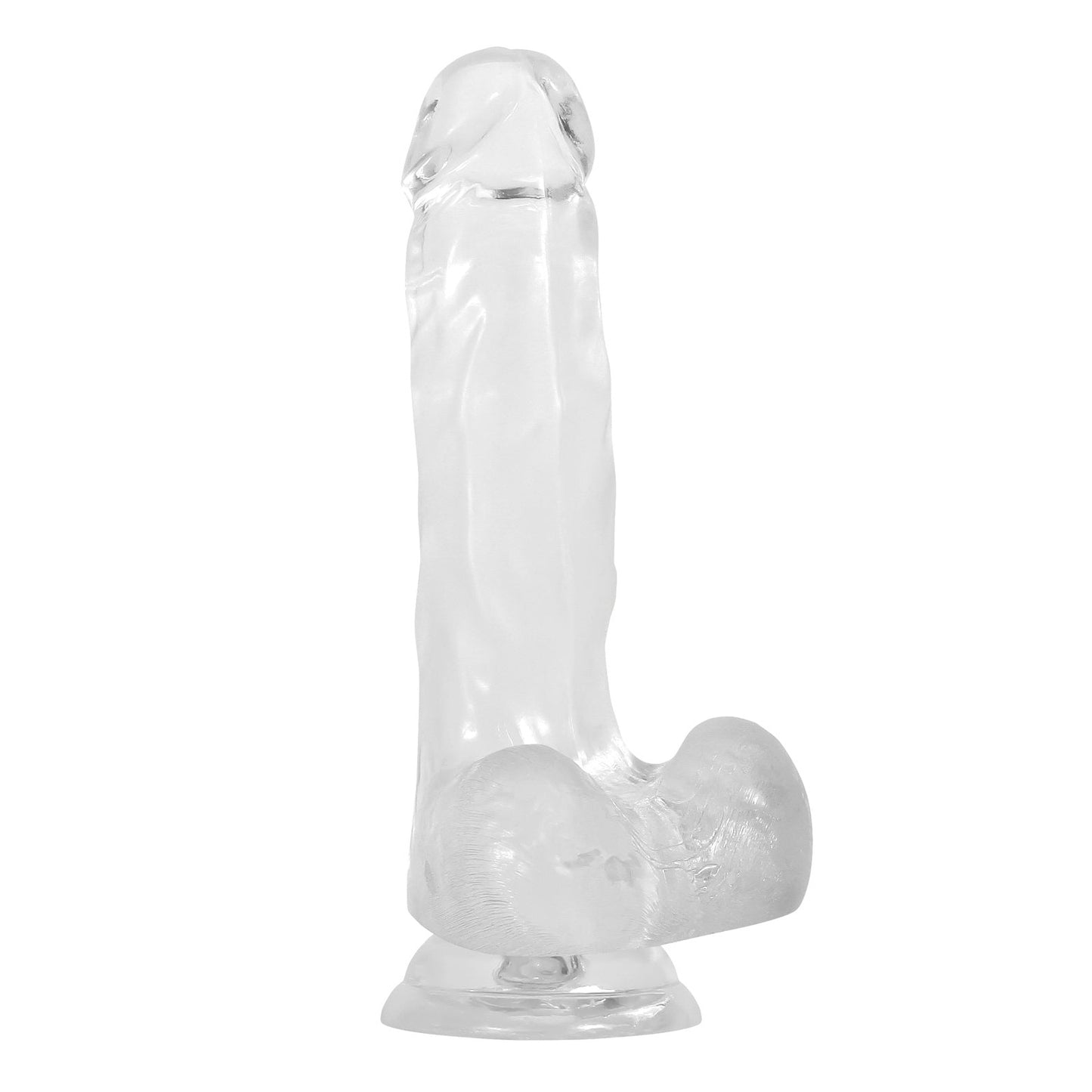The Gender X Clearly Combo, by Gender X, is a transparent silicone object with an ergonomic handle and suction base, fully submersible. Its sculpted in a phallic shape and displayed on a plain white background.