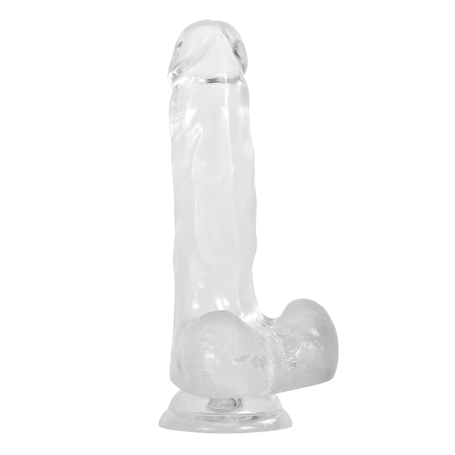 The Gender X Clearly Combo, by Gender X, is a transparent silicone object with an ergonomic handle and suction base, fully submersible. Its sculpted in a phallic shape and displayed on a plain white background.