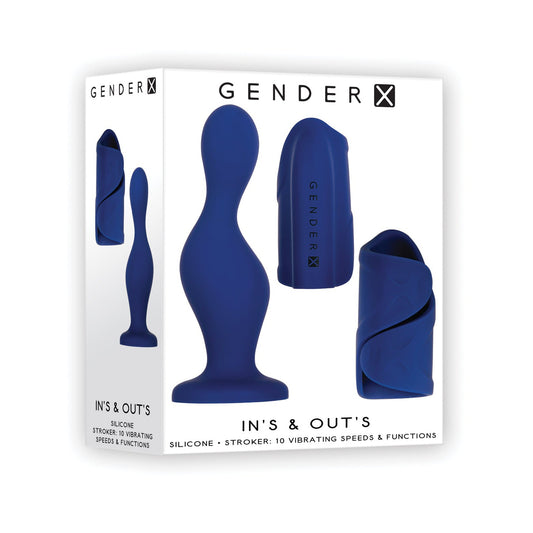 The Gender X Ins & Outs blue silicone vibrating stroker is beautifully presented in packaging that highlights its innovative design and functionality as a dildo and stroker combo, showcasing it from various angles for enhanced pleasure.