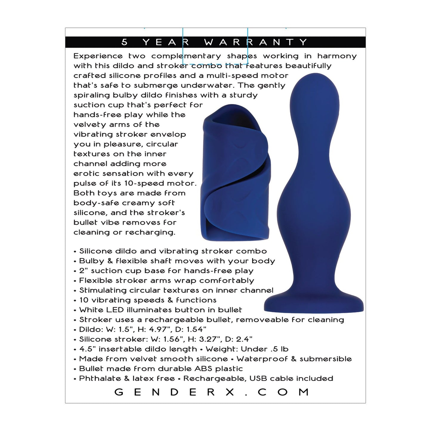 The product image showcases the Gender X Ins & Outs, featuring a sleek blue dildo and vibrating stroker. Made of durable silicone, it includes a multi-speed motor, USB rechargeability, and comes with a 5-year warranty for peace of mind.