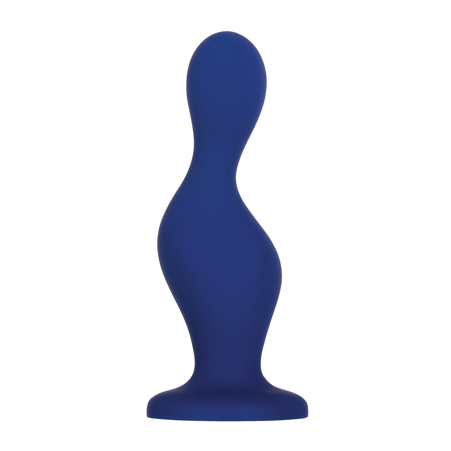 A blue, curvy, silicone sculpture named Gender X Ins & Outs sits elegantly on a round base against a pristine white background. This artistic piece intriguingly resembles a Dildo & Stroker Combo from the Gender X brand, inviting curiosity with its sleek design and subtle allure.