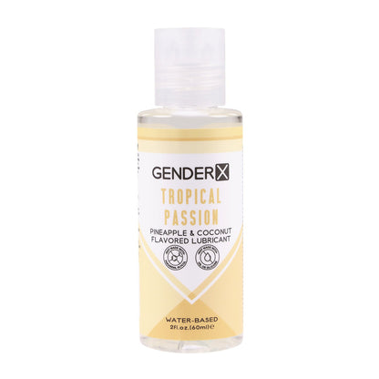 A 2 fl oz bottle of Gender X Flavored Lube in Tropical Passion offers pineapple and coconut flavors. It features a light yellow label with black text and fruit illustrations. This water-based, condom-compatible lube is perfect for all your needs.