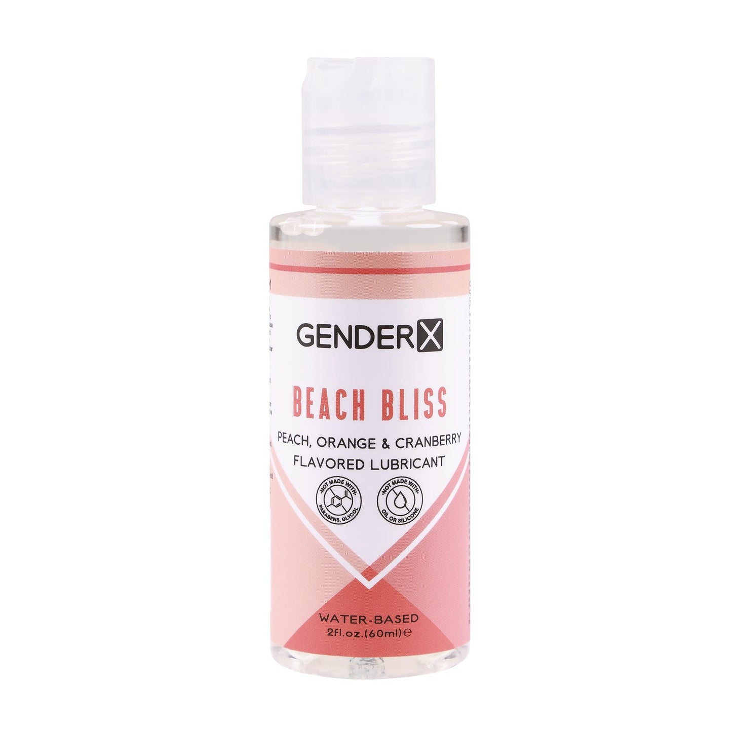 A 2 fl. oz./60 ml bottle of Gender X Flavored Lube from Gender X, featuring peach, orange, and cranberry flavors. The clear bottle has a pink label with small icons and white text. Its condom compatible for safe enjoyment.