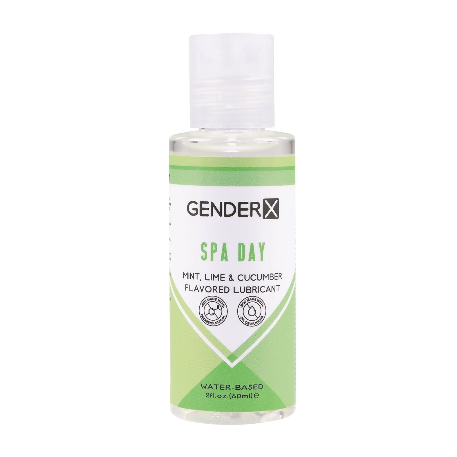 Gender X Flavored Lube features a refreshing mint, lime, and cucumber flavor. This water-based, condom-compatible lubricant has a green and white label with black text. Its compact 2 fl. oz. (60 ml) size makes it easy to carry anywhere your day takes you.