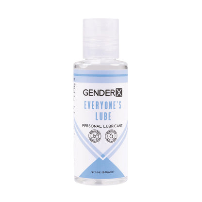 A transparent 2 fl oz bottle labeled Gender X Flavored Lube by Gender X features a blue and white design. This water-based, condom-compatible lubricant is versatile for all.