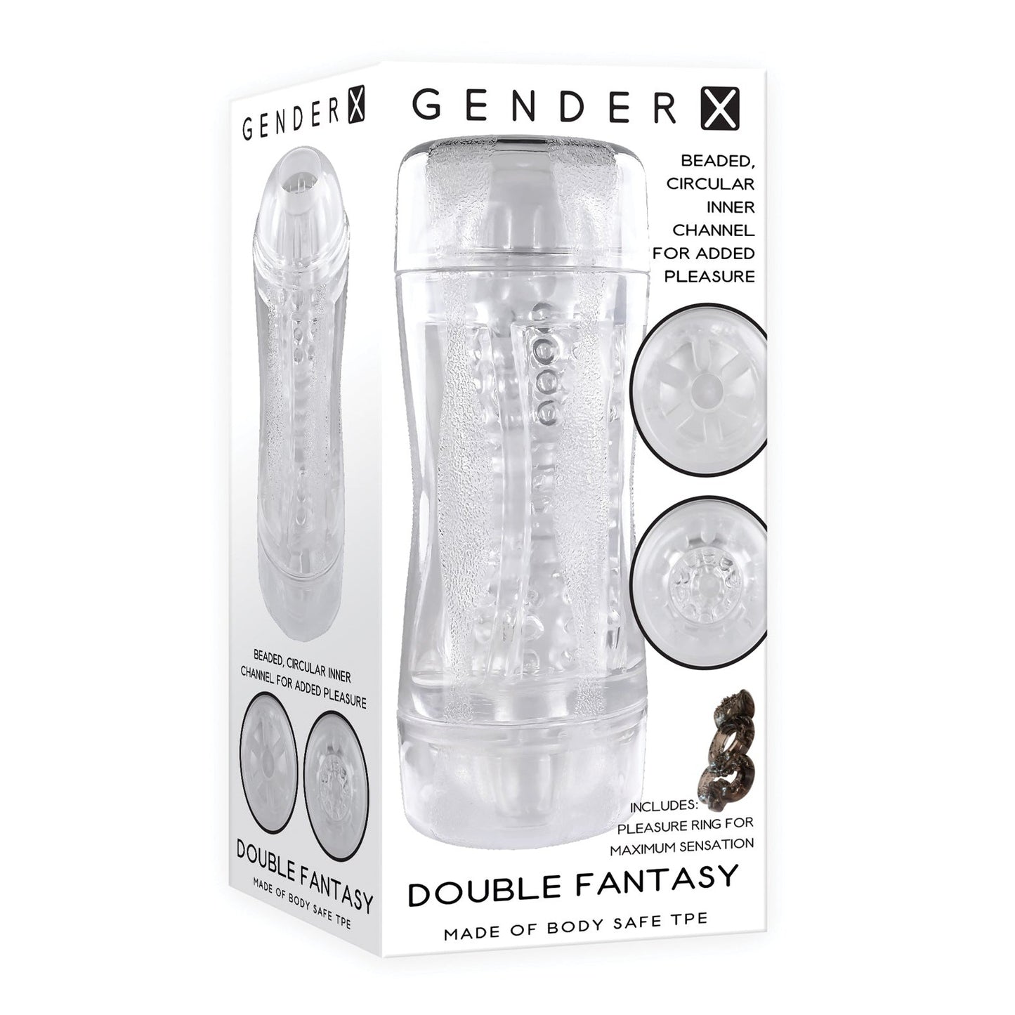 The Gender X Double Fantasy by Gender X features a transparent design revealing images of the beaded, circular inner channel. This dual-ended stroker is crafted from body-safe TPE material for a secure and pleasurable experience.