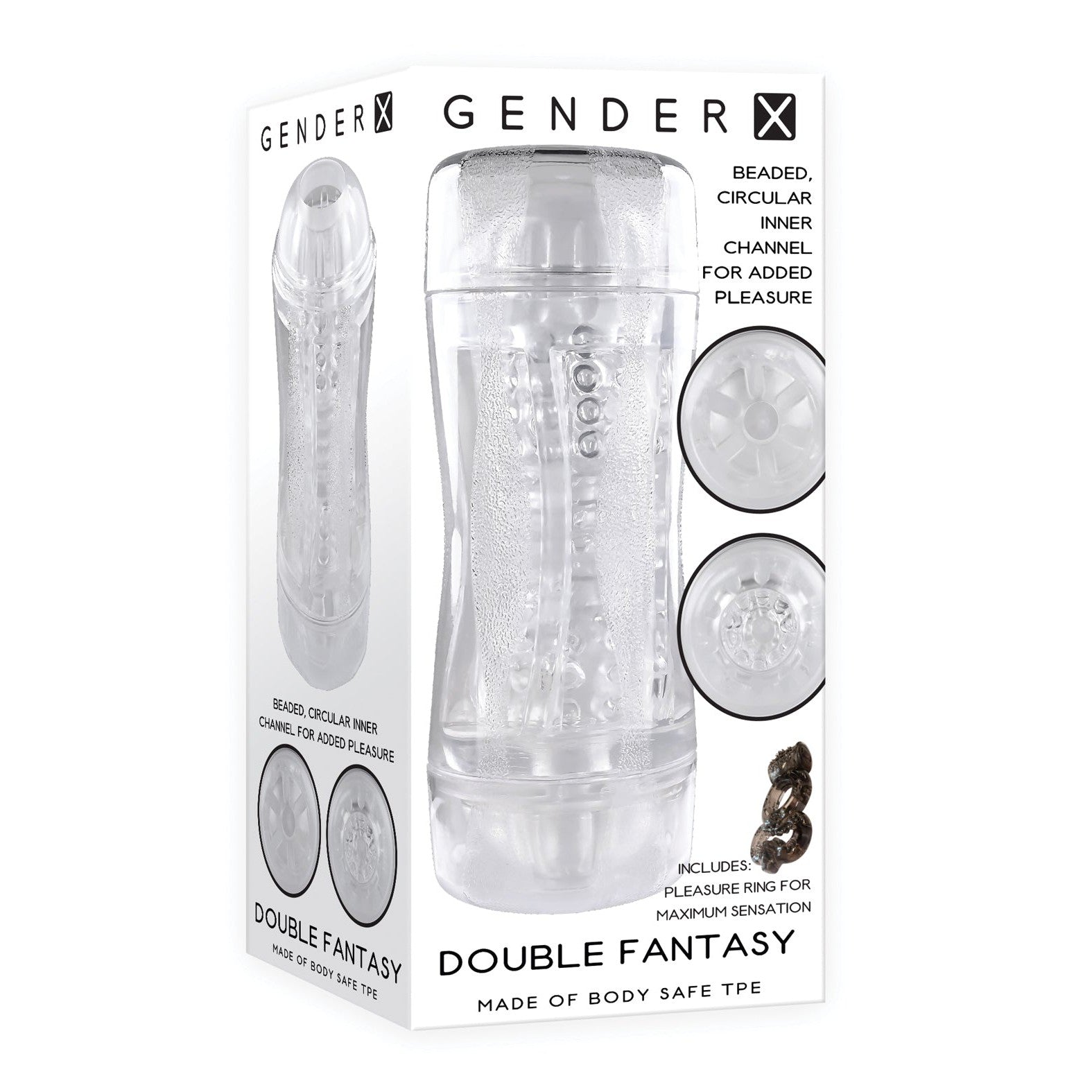 The Gender X Double Fantasy by Gender X features a transparent design revealing images of the beaded, circular inner channel. This dual-ended stroker is crafted from body-safe TPE material for a secure and pleasurable experience.
